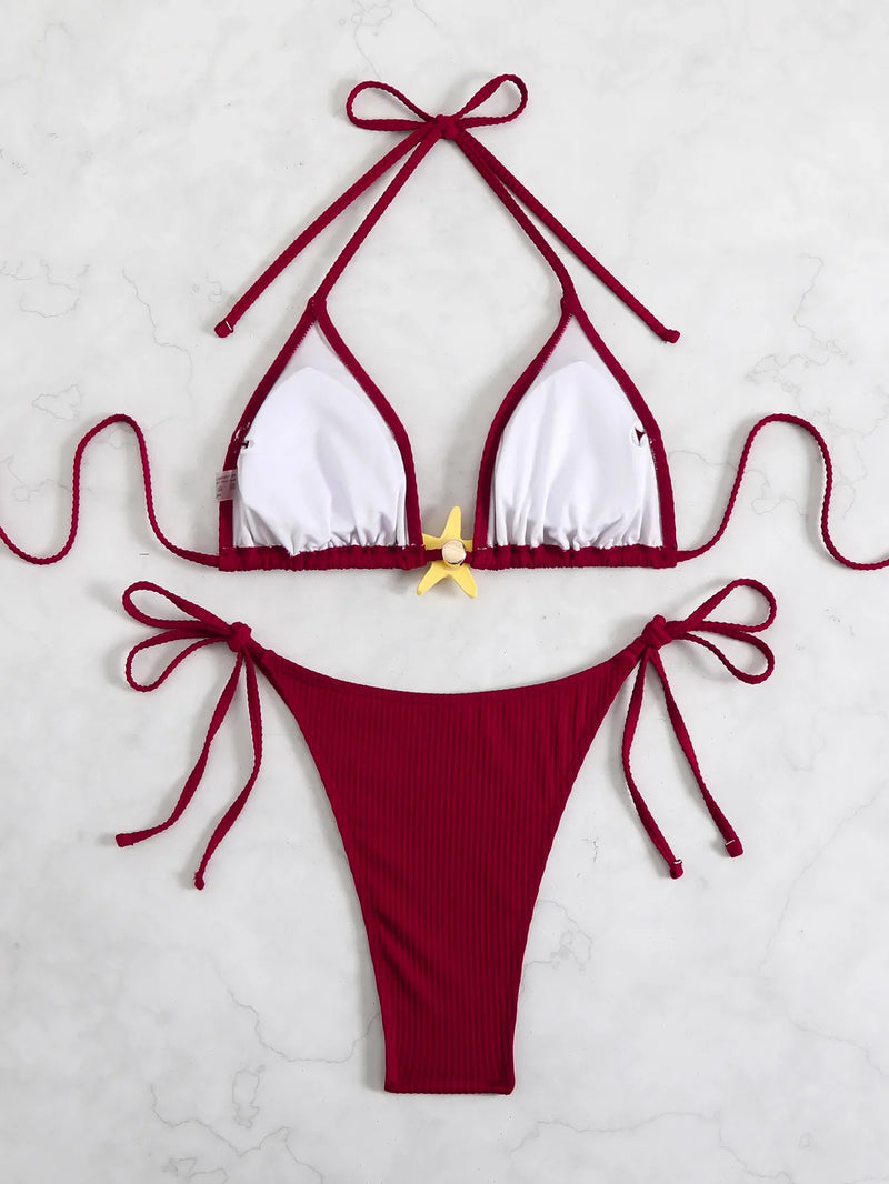 Sexy Black Micro Bikini 2025 Women Starfish Ornament Push Up Bra Tie Side Thong Swimsuit Summer Bathing Suit Holiday Swimwear