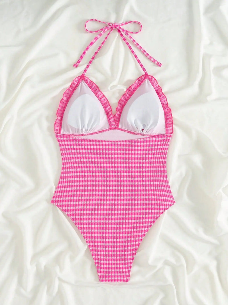 Vintage Hot Pink Plaid One Piece Swimsuit 2026 Women Halter Lace Trim V Neck Tummy Control Swimwear Beach Bathing Suit Monokini