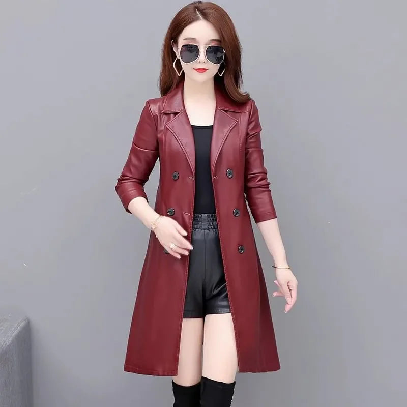 Autumn Winter Women's Chic Leather Jacket Mid-Length Slim Korean Sheepskin