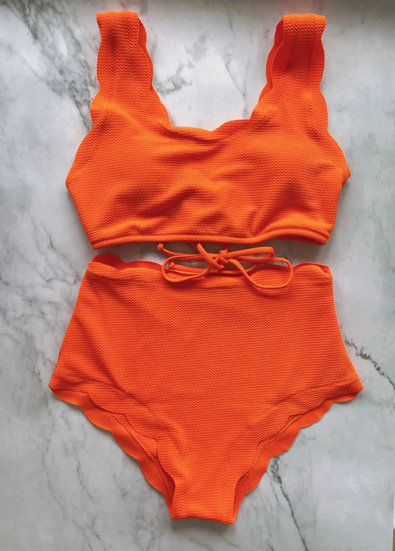 Solid Blue Two Pieces Swimsuit Bathing Suits Bikini Women Scalloped Textured High Waisted Bikini Set Lace Up Bathing Suits XXL