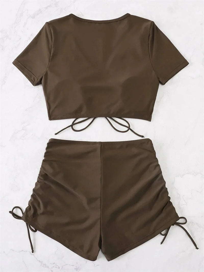 Sexy Drawstring Bikini Set 2026 Women Green Black Short Sleeve Two Piece Swimsuit Summer Bathing Suit Pleate High Waist Swimwear