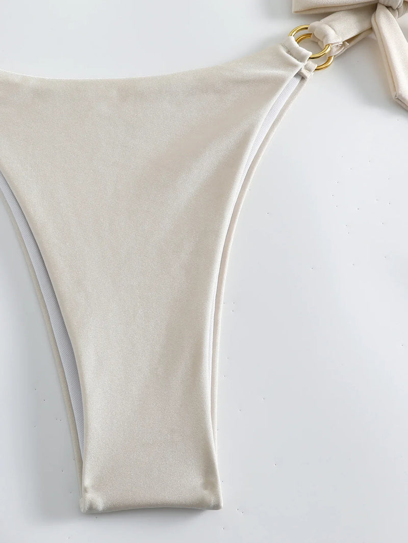 Micro Bikini Sexy Women Swimsuit 2024 Solid Beige Halter Ring Linked Push Up Mini Bikinis Summer Bathing Suit Thong Swimwear