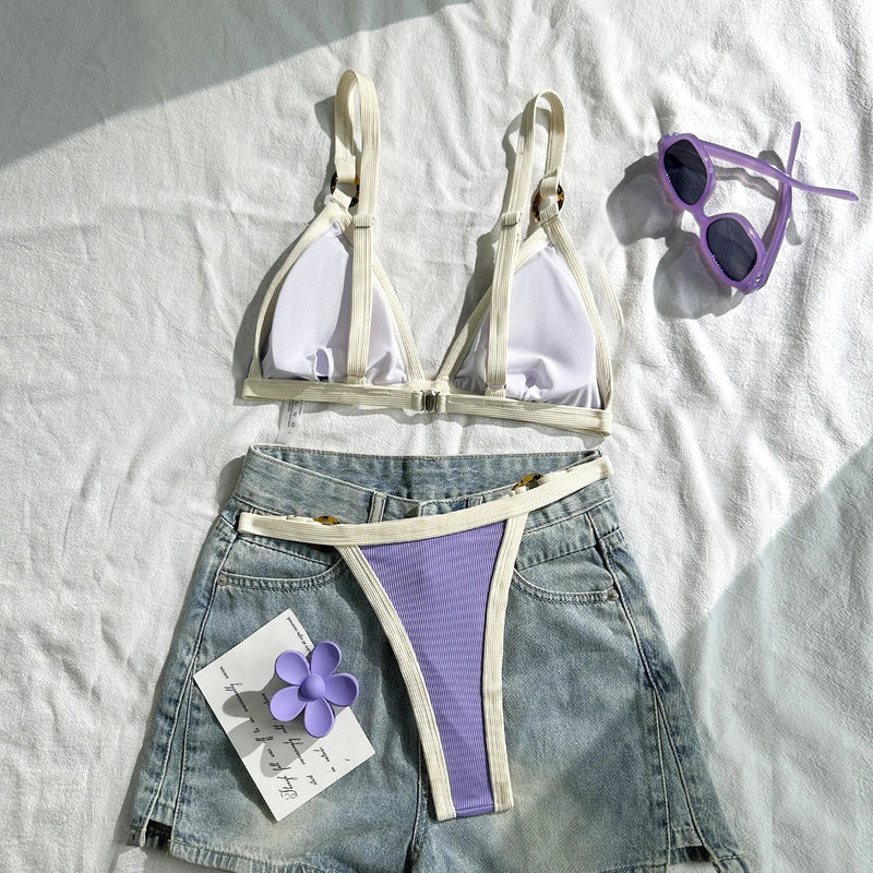 Sexy Khaki Patchwork Micro Bikini 2026 Women Brazilian Push Up Bra Metal Circle Thong Swimsuit Bathing Suit Holiday Swimwear