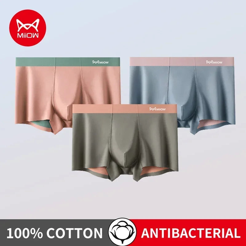 3Pcs 100% Cotton Silk Crotch Men's Antibacterial Boxers