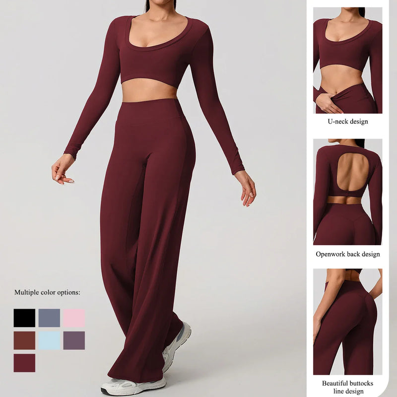 Hearuisavy Sports Set 2Pcs Women's  Long Sleeve Backless Fitted Fitness Top Push Up Pilates Yoga Top Wide Leg Straight Leg Pants