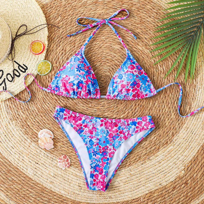 2025 New Women's Black Ground White Dot Printed Swimsuit Halter Neck Low Waist Bikini Set For Summer Female Swimwear Brazilian