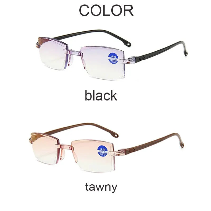 2 Pair Unisex Rimless Reading Glasses Anti Blue Light Bifocal Far Near Magnification Eyewear Presbyopic Glasses +150 +200