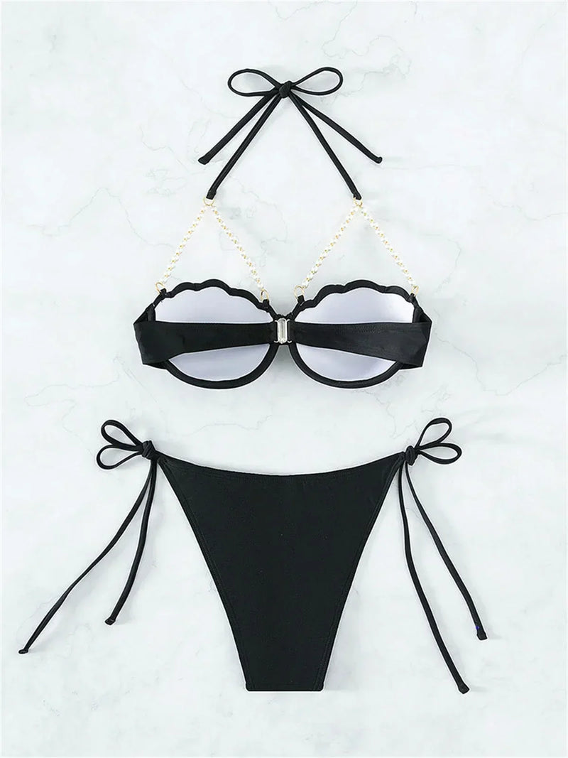 Sexy Shell Shape Underwire Bikini Tie Side Thong Bikinis Swimwear Women 2025 Black Pearls Strap Push Up Bathing Suit Swimsuit