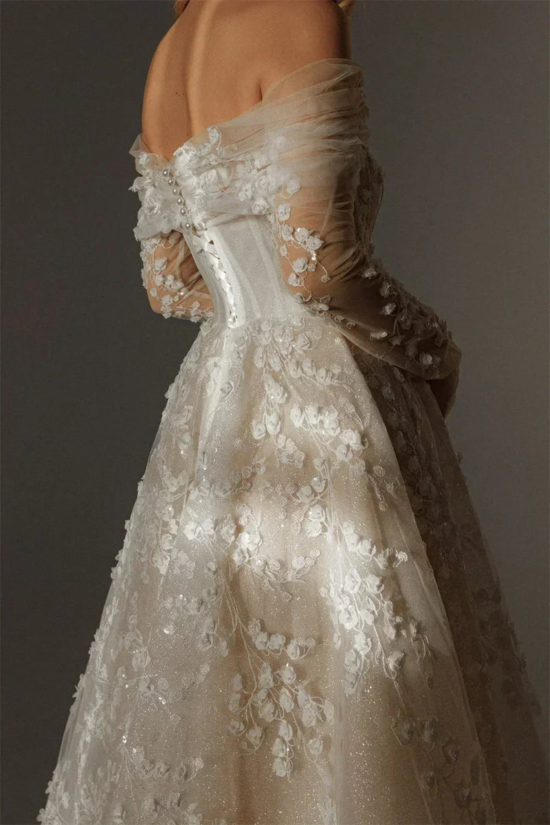 Kyoto Customized Lace Flowers Detachable Long Sleeves Wedding Dress Ankle-Length Glitter vestidos de novia A-Line Formal Gown
