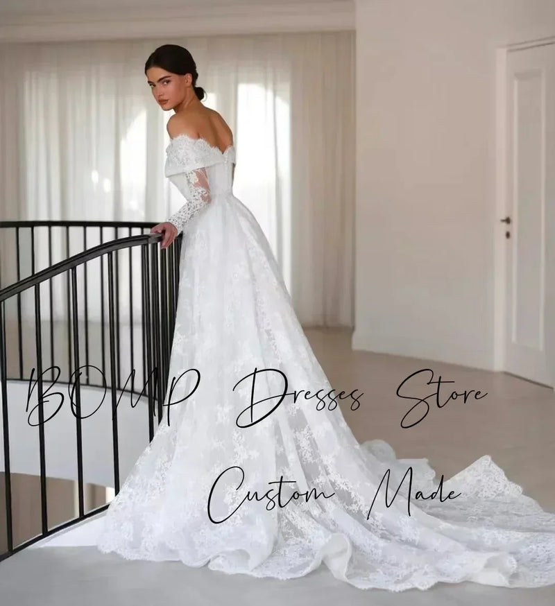 BOMP Elegant Lace Wedding Dress Sweetheart Off Shoulder Full Sleeves Sweep Train Ivory Bridal Gown Customized Robe De Mariée