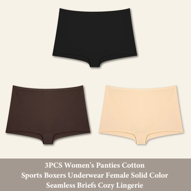 3PCS Women's  Cotton Seamless Panties Sports Boxers Underwear Female Solid Color Briefs Cozy Lingerie Intimate Underpants XS-XL