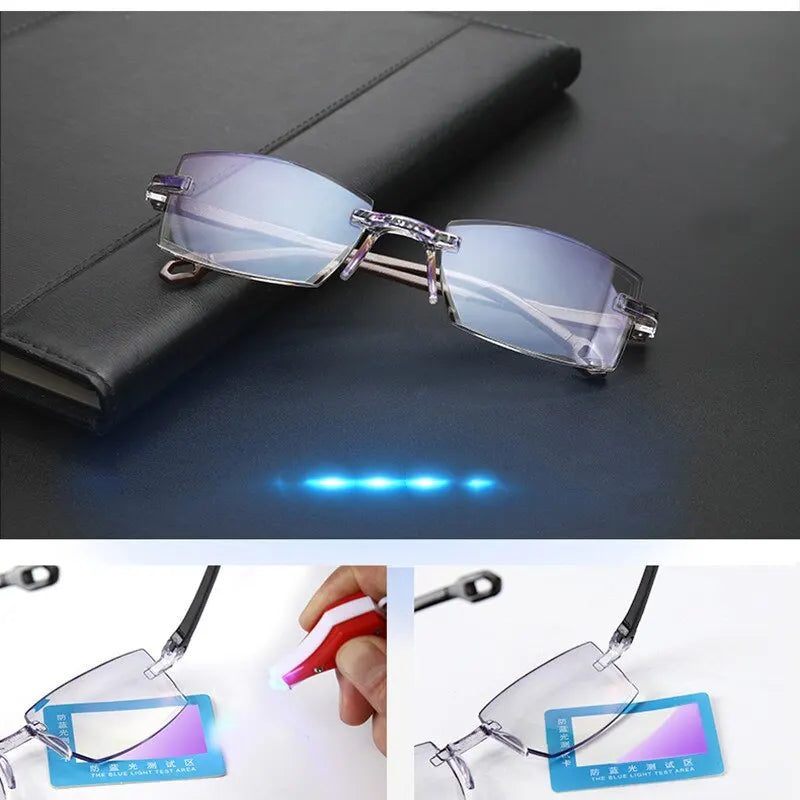 2 Pair Unisex Rimless Reading Glasses Anti Blue Light Bifocal Far Near Magnification Eyewear Presbyopic Glasses +150 +200