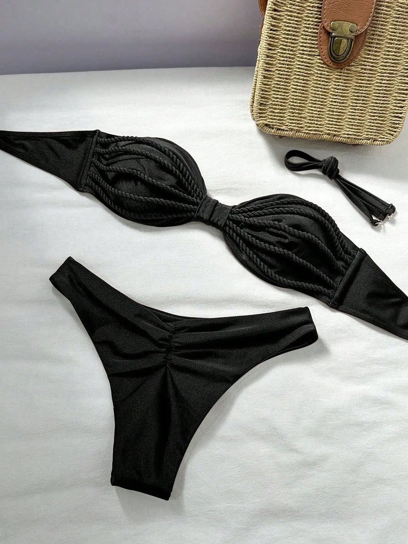 Sexy Bandeau Bikini 2026 Women Coffee Braiding Rope Pleate Tie Push Up High Waist Swimsuit Beach Holiday Bathing Suit Swimwear