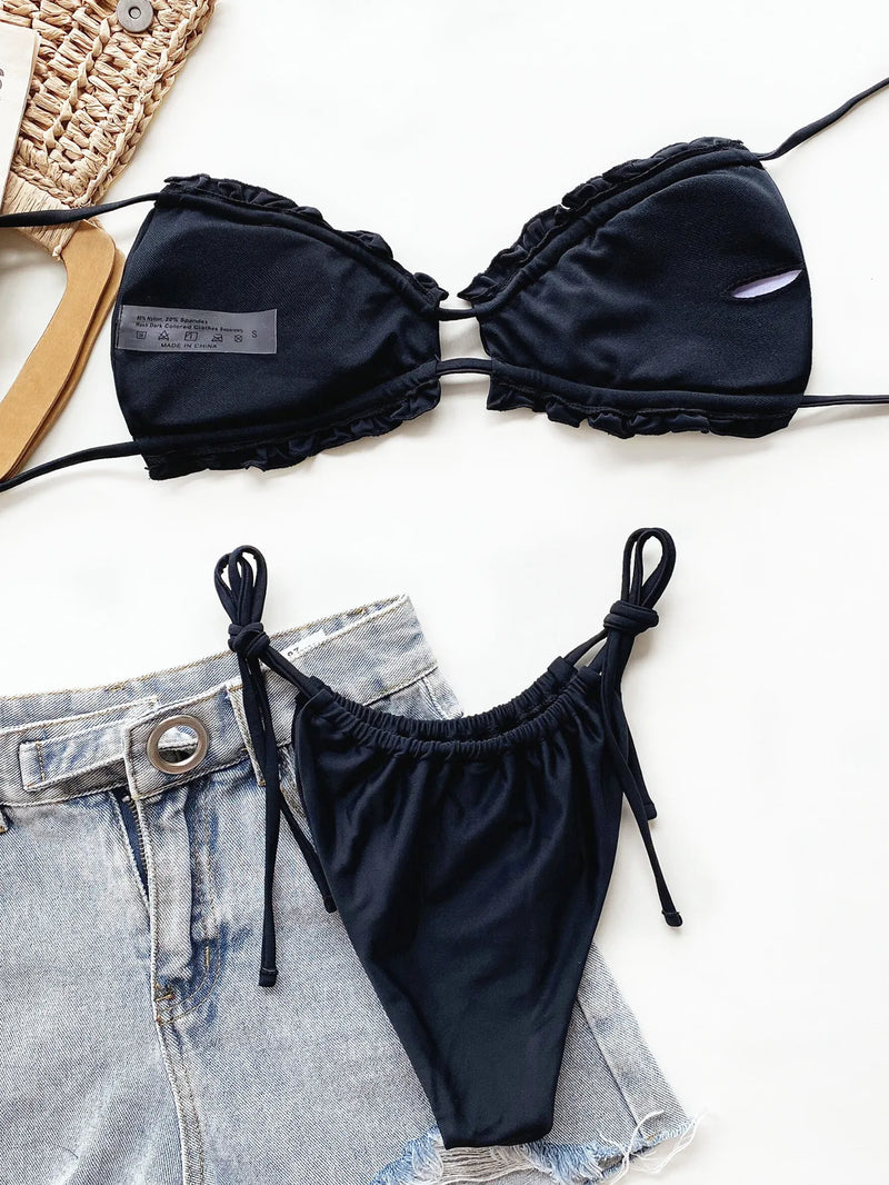 Pleated Swimsuit Women Hollow Out Bandage Ruffles Push Up Triangle Bikini Brazilian Black Green Bathing Suit Micro Swimwear 2025