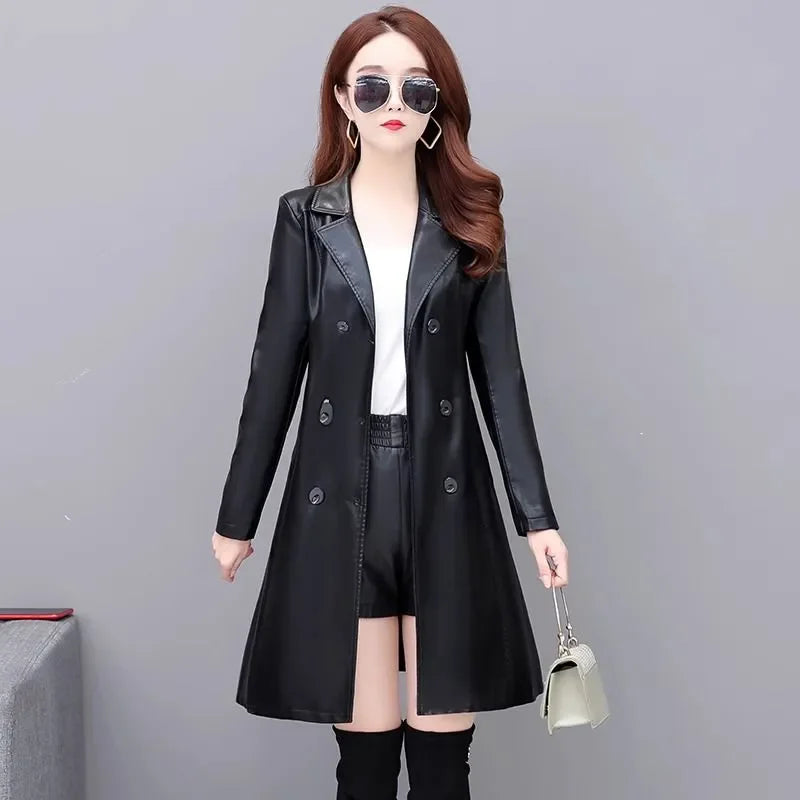 Autumn Winter Women's Chic Leather Jacket Mid-Length Slim Korean Sheepskin