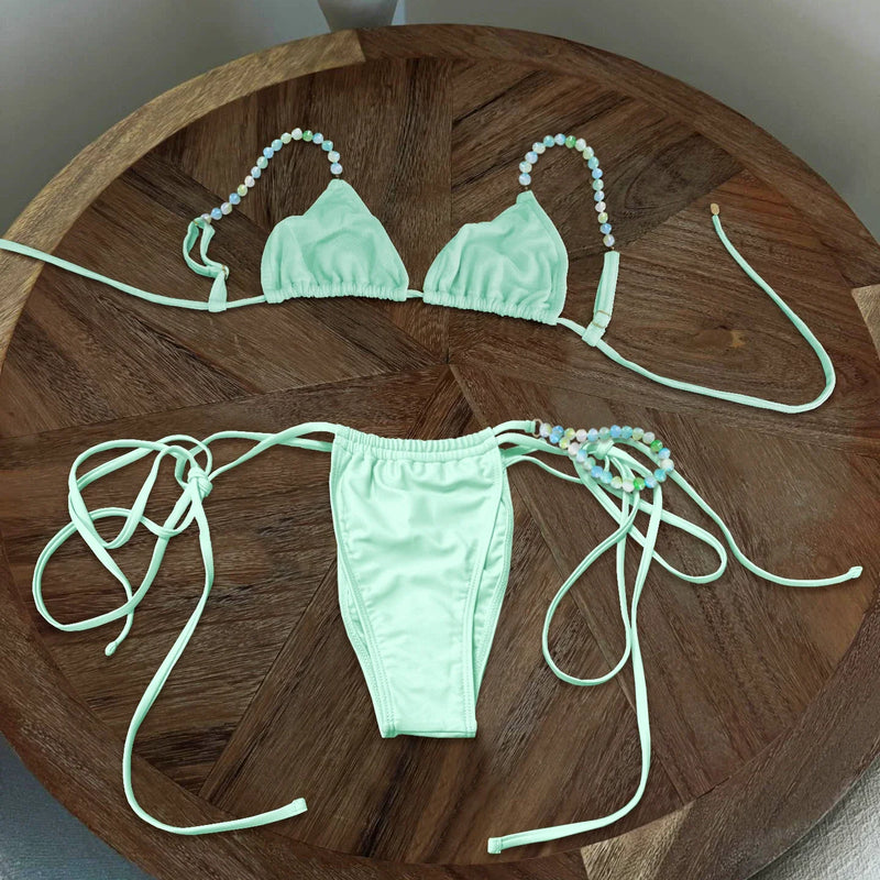 Beads Bikini 2025 Sexy Women Swimsuit Female Swimwear Micro Bikini Set Bandeau Swimming Suit Beachwear Pink Brazilian Biquini