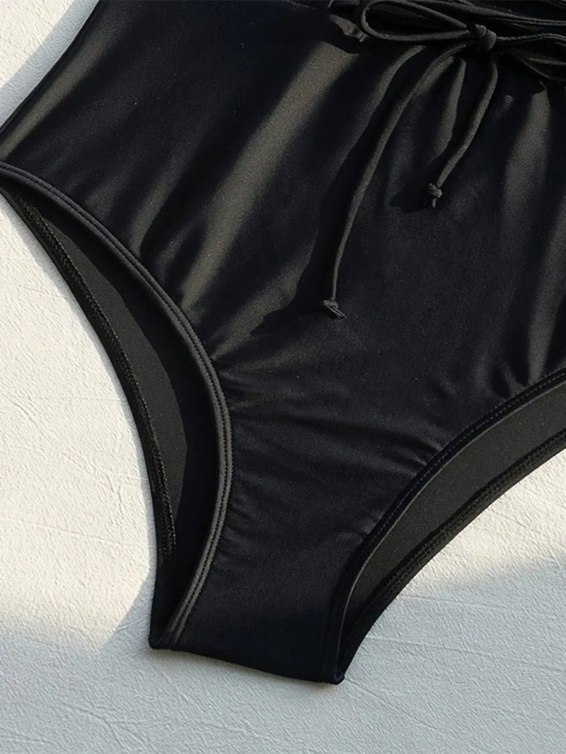 Solid Color Black One Piece Swimsuit for Women Sexy High Waist Bandage Hollow Out Monokini Bikini Underwire Push Up Swimwear