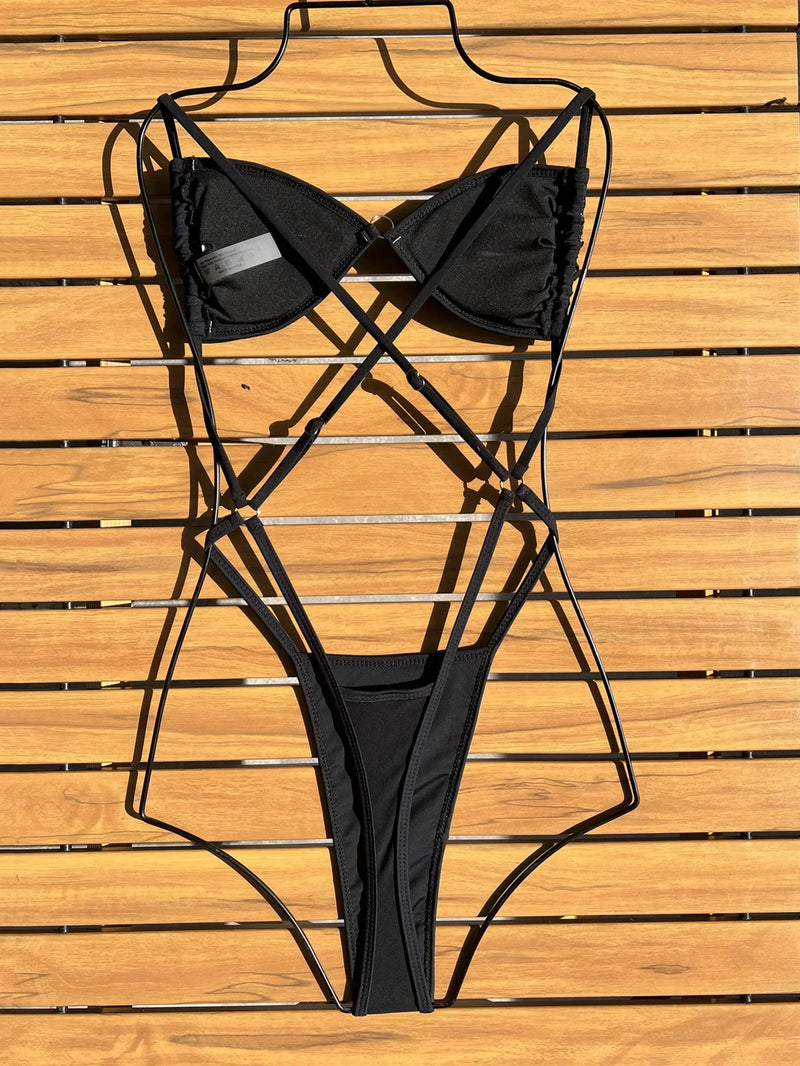 Shiny Sequin Black One Piece Swimsuit 2026 Women Sexy Hollow Out Backless Thong Bikini Summer Bathing Suit Swimwear Monokini