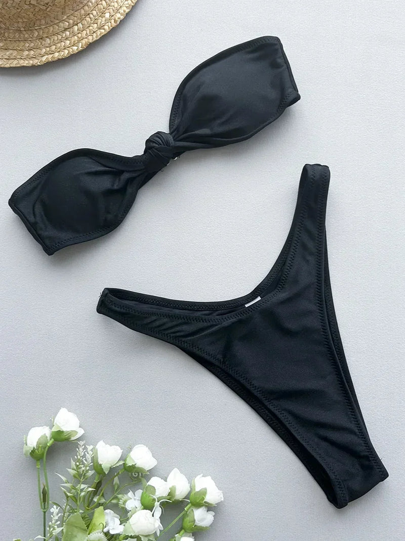 Sexy Front Tie Bow Bikini Set Women Black Bandeau Push Up Bra Micro Swimsuit 2024 Beach Bathing Suit Thong Swimwear Biquini