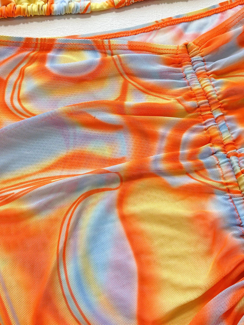 Sexy Orange Gradient 3 Piece Bikinis Sets Women Push Up Pleate Skirt Swimsuit Summer Bathing Suit Cover Up Swimwear Biquini 2024