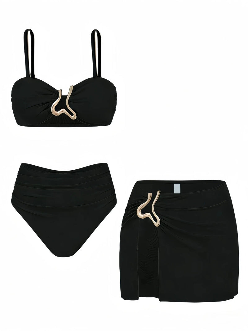 Sexy Detachable Shoulder Bikini Set Women Brown Metal Push Up High Waist Swimsuit 2026 Beach Bathing Suit Skirt 3 Piece Swimwear