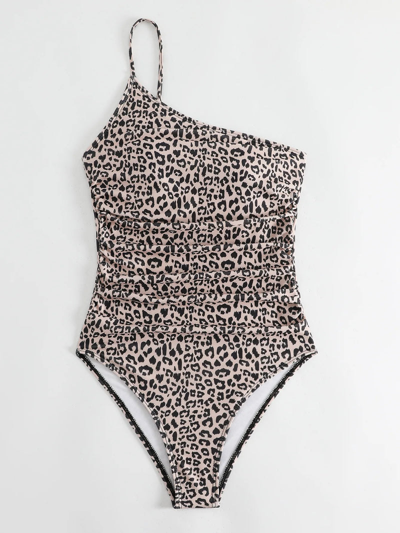 Sexy One Shoulder Swimsuit 2024 New Black Leopard Print Pleate Tummy Control One Piece Swimwear Beach Bathing Suit Monokini