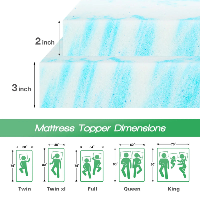 2-3 Inch Gel Memory Foam Mattress Bed Topper Cooling Soft and Breathable
