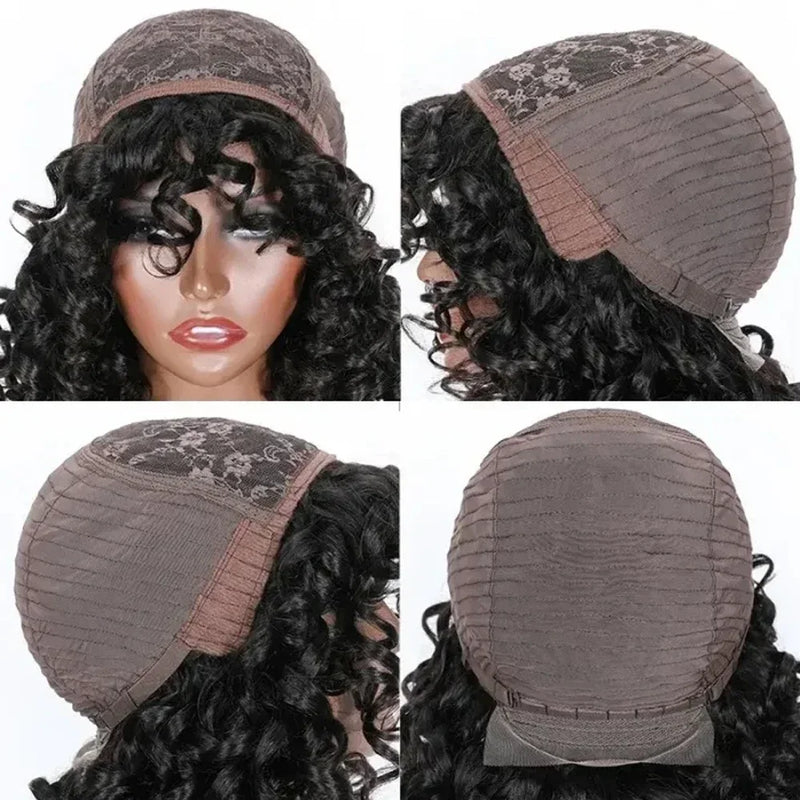 Short Curly Bob Wig Human Hair with Bangs - Glueless Funmi Curly Wig, Brazilian Remy Hair, Ready to Go