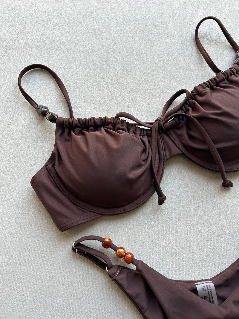 Sexy Coffee Bikini Set Women Front Tie Pleate Push Up Underwire Bra Beaded String Thong Swimsuit 2026 Bathing Suit Pool Swimwear