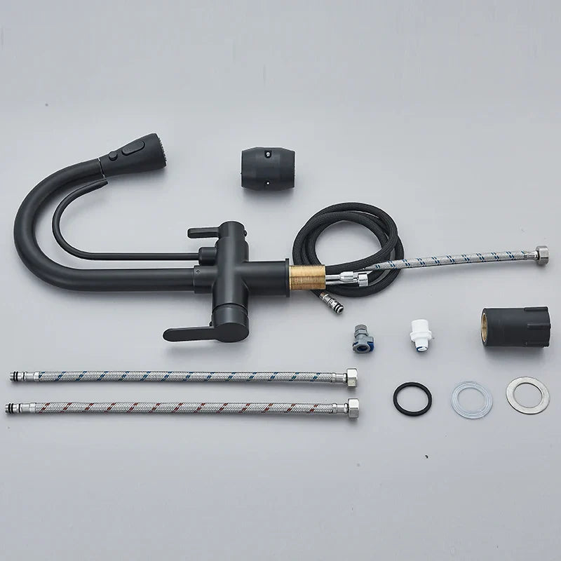 Purification Water Kitchen Faucet Black 360° Rotating Filter Water Faucets Pull Out Sprayer 3 Ways Hot Cold Water Mixer Tap