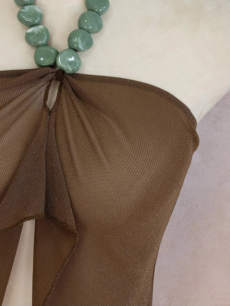 Sexy Coffee Bikini Set 2026 Women Luxury Pearls Strap Cover Up High Waist Short Two Piece Swimsuit Beach Bathing Suit Swimwear