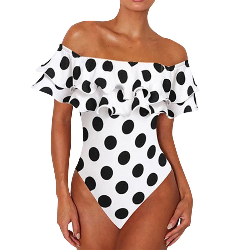 Black and White Polka Dot Ruffled One-Piece Swimsuits Sexy Push Up Bathing Suit Bodysuit Girl Beach Backless Swimwear Monokini