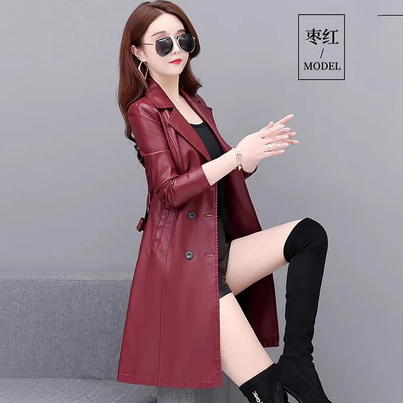 Autumn Winter Women's Chic Leather Jacket Mid-Length Slim Korean Sheepskin