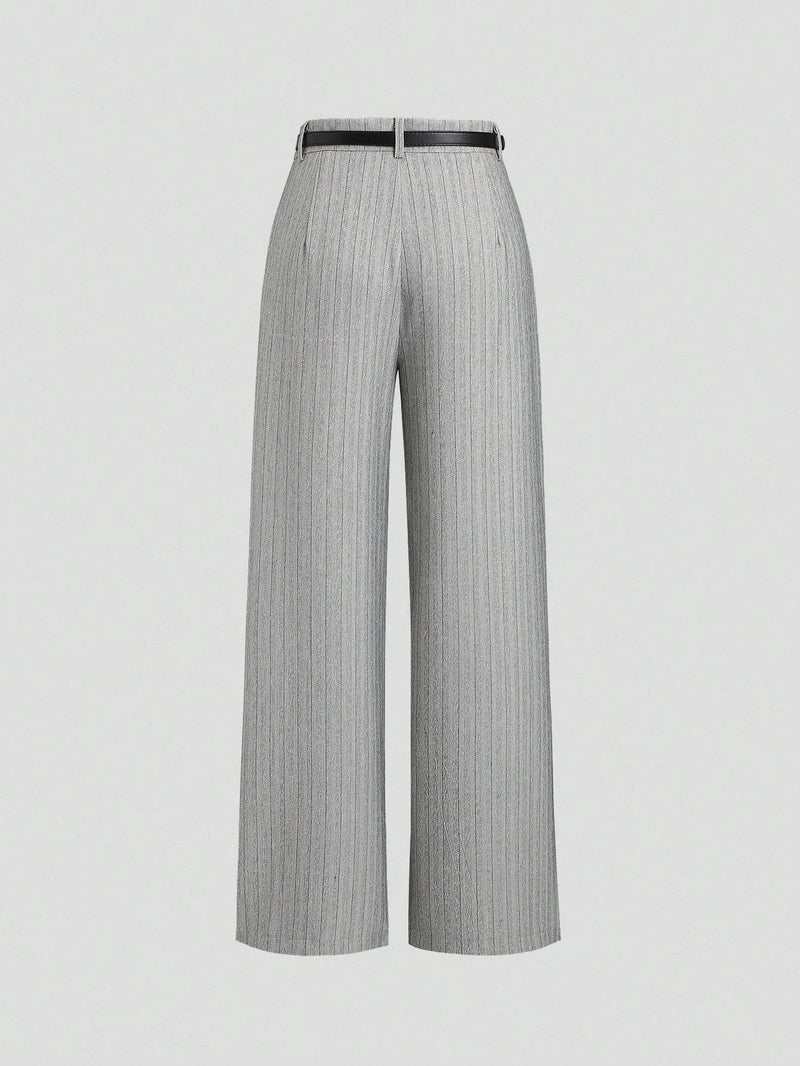 Women's Elegant Grey Striped Pleated Office Lady Pants Casual Wide Leg Loose Long Trousers Spring/Fall