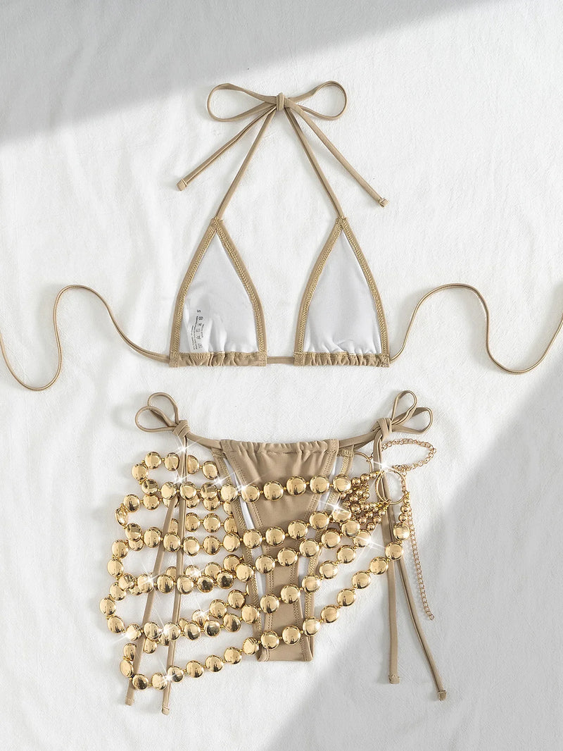 New Khaki Bikini Set 2025 Women Hollow Out Chain Skirt 3 Piece Swimsuit Beach Bathing Suit Push Up Holiday Swimwear Biquini