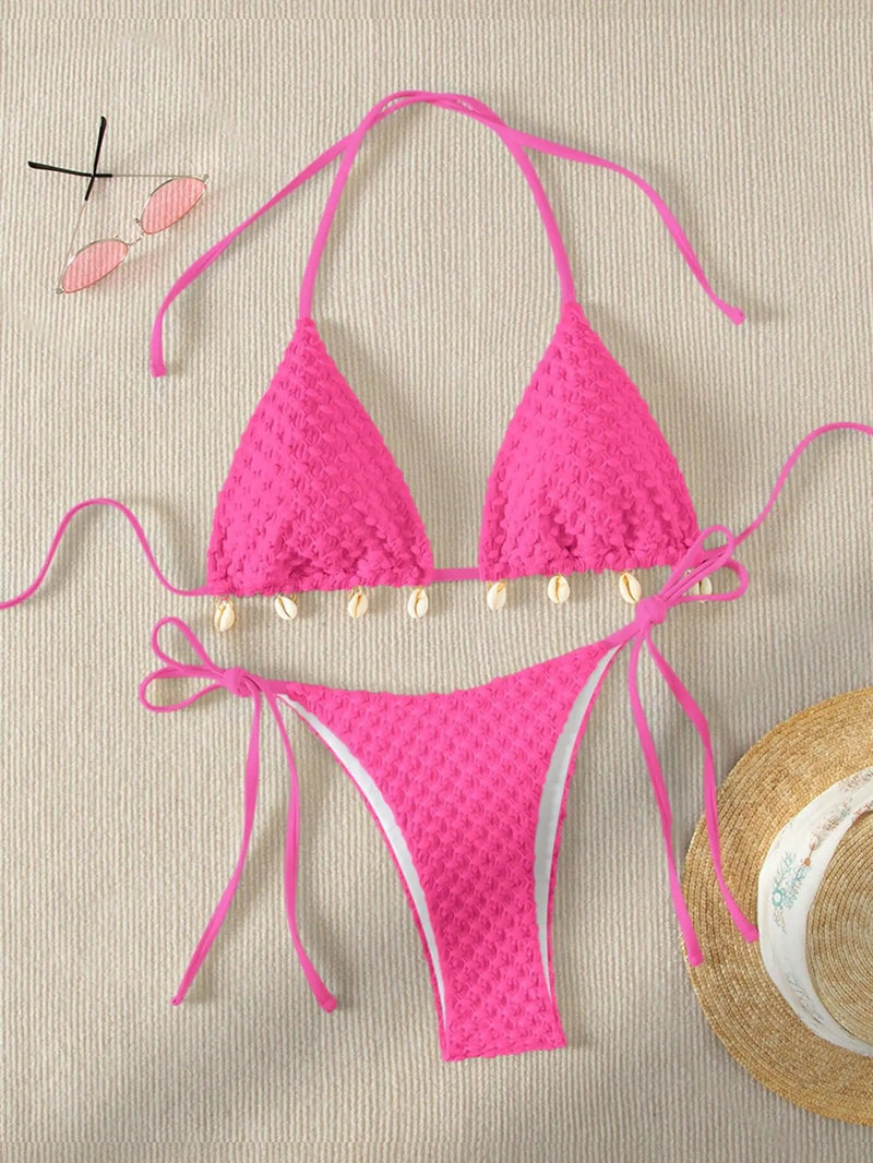 Sexy Bikini Set White Shell Designer Swimsuit 2025 New Halter Push Up Micro Bikinis Summer Bathing Suit Tie Side Thong Swimwear