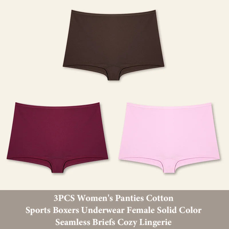 3PCS Women's Panties Cotton Seamless Sports Boxers Underwear Female Solid Color Briefs Cozy Lingerie Intimate Underpants XS-XL