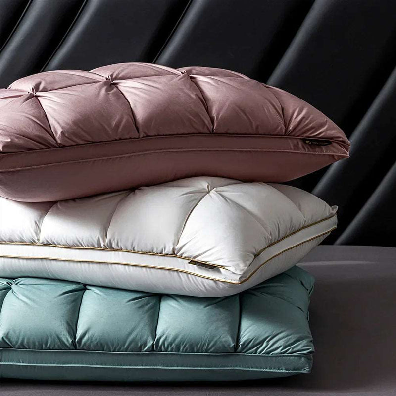 3D Bread Goose Down Pillow – Pinch Pleat Ergonomic Sleep Pillow with Silk Cover