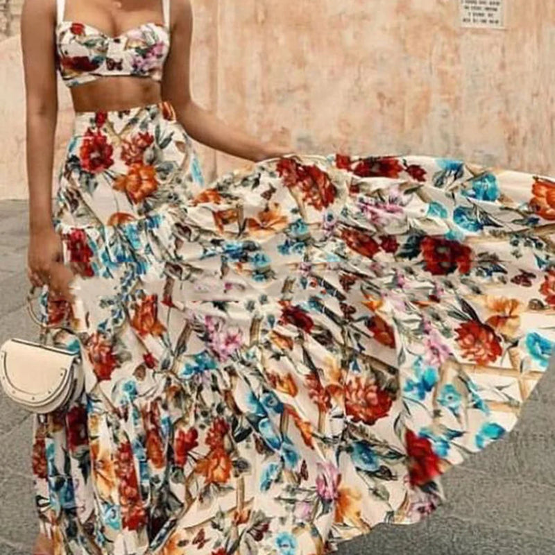 Bohemian Summer Style Two Piece Print A-Line Skirt & Camisole
