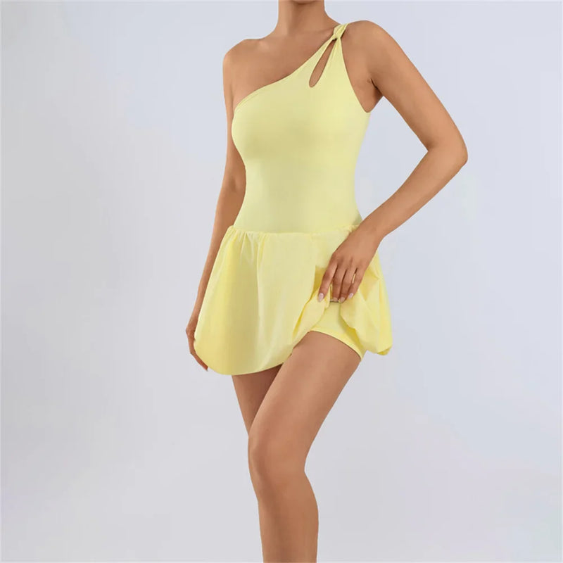 Pad Womens One Shoulder Strap Yoga Set Tennis Dress Built-in Bra Anti Shorts Athletic Golf Workout Dress Skorts  XP168