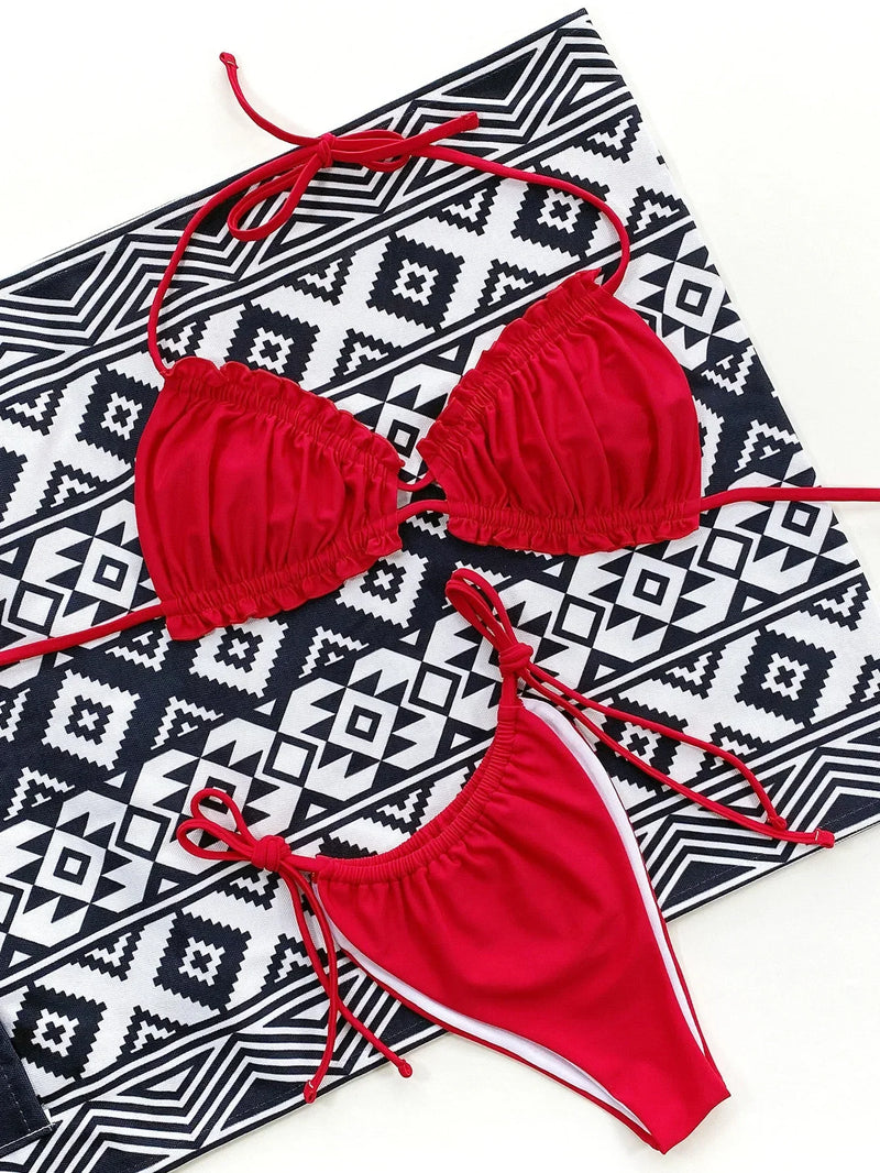 Pleated Swimsuit Women Hollow Out Bandage Ruffles Push Up Triangle Bikini Brazilian Black Green Bathing Suit Micro Swimwear 2025