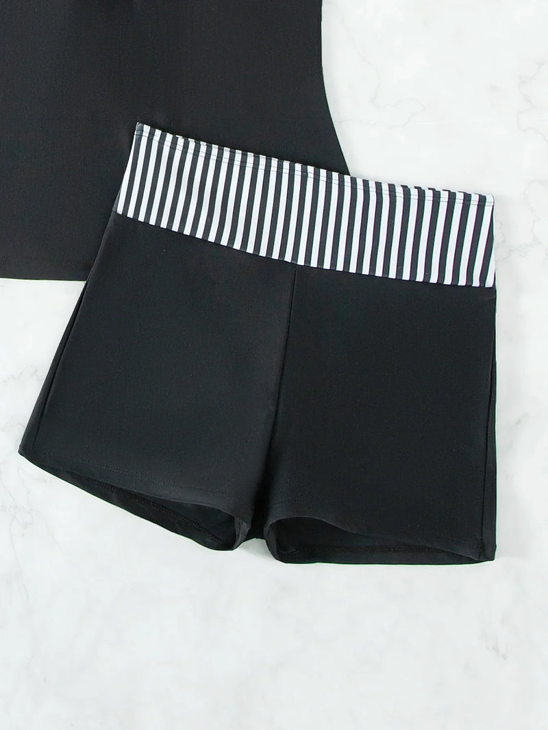 Women's Conservative Two Piece Swimsuit Black Stripe Print Patchwork Crop Top Tankini Set Beach Bathing Suit High Waist Swimwear