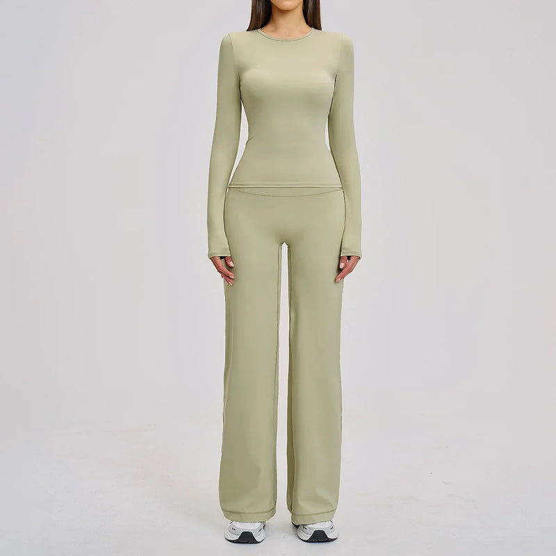 Yoga Set 2 Pieces Women Fitness Sportswear Gym Loose wide-leg pants Long-sleeved T-shirt Sports Crop Tops Tracksuit Workout Wear