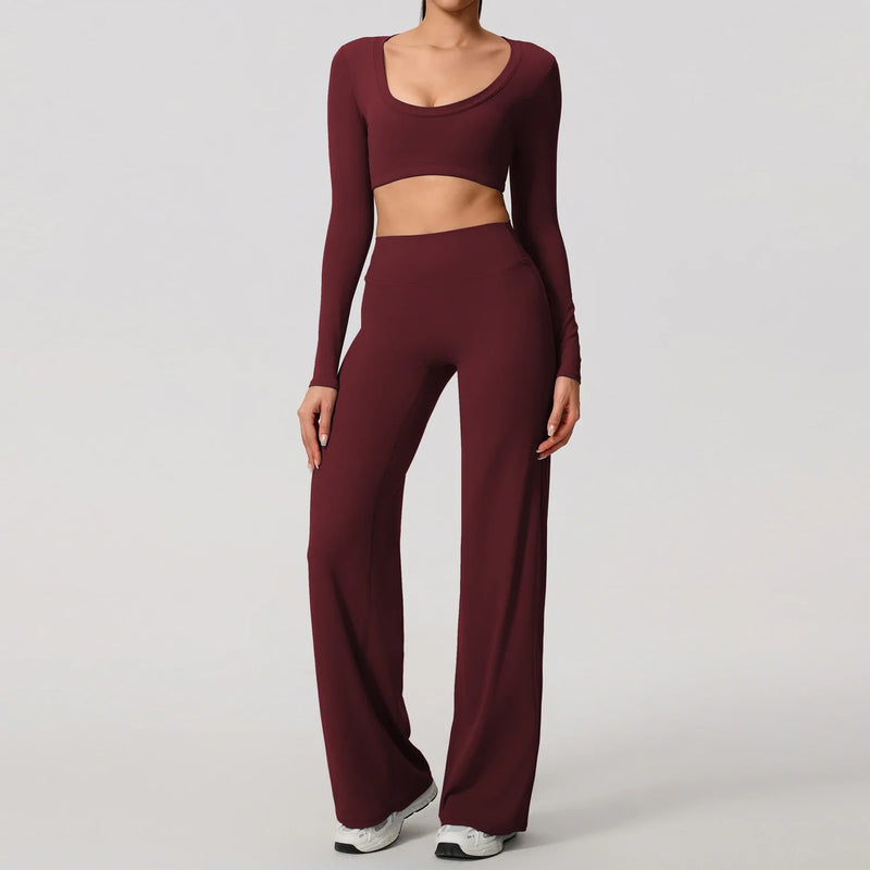Hearuisavy Sports Set 2Pcs Women's  Long Sleeve Backless Fitted Fitness Top Push Up Pilates Yoga Top Wide Leg Straight Leg Pants