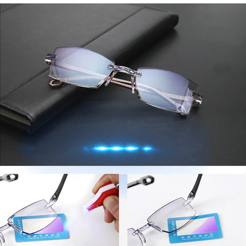 2 Pair Unisex Rimless Reading Glasses Anti Blue Light Bifocal Far Near Magnification Eyewear Presbyopic Glasses +150 +200