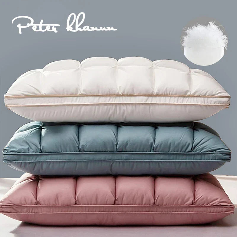 3D Bread Goose Down Pillow – Pinch Pleat Ergonomic Sleep Pillow with Silk Cover
