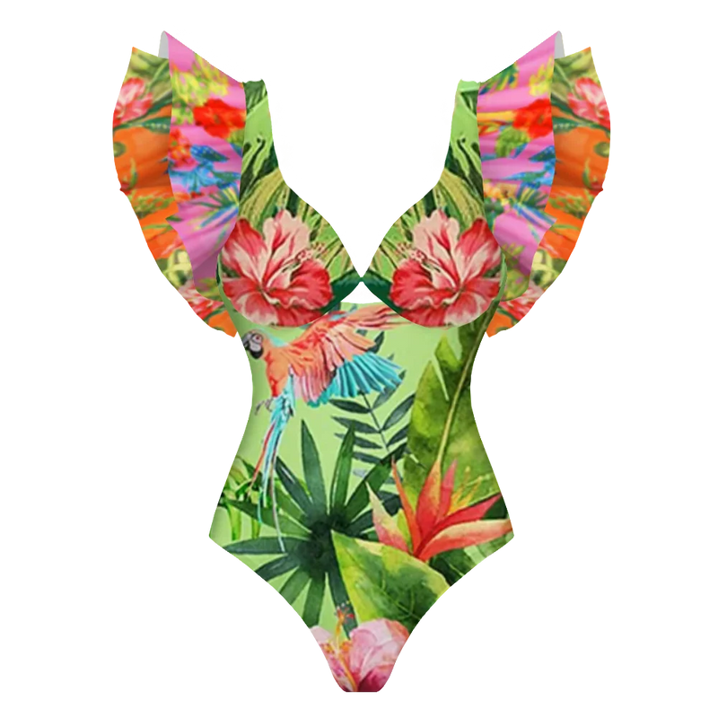 2-Piece Shoulder Ruffle Swimsuit With Cover Up Sexy Beachwear
