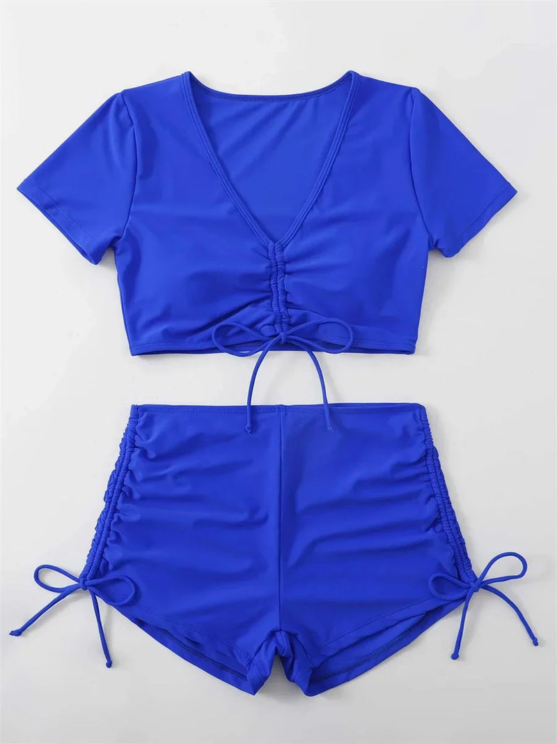 Sexy Drawstring Bikini Set 2026 Women Green Black Short Sleeve Two Piece Swimsuit Summer Bathing Suit Pleate High Waist Swimwear