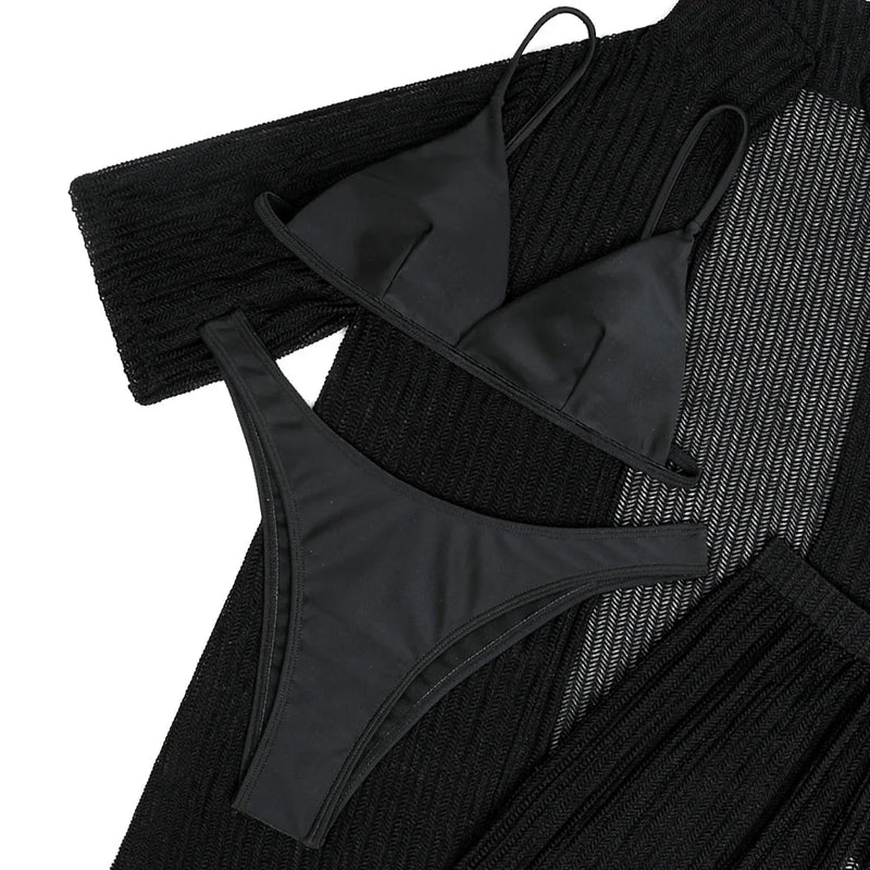 Summer 4 Piece Bikinis Sets Women Black White Mesh Half Sleeve Cover Up with High Waist Panties Swimsuit Bathing Suit Swimwear