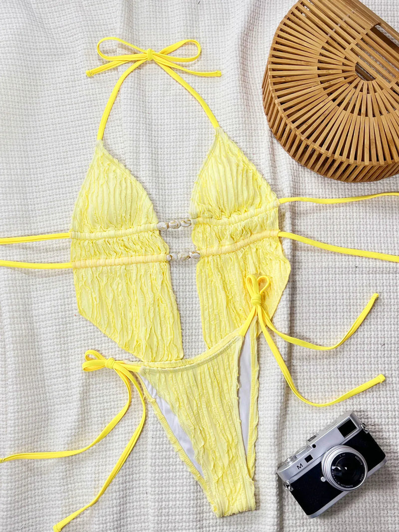 Sexy Triangle Bikini 2025 Women Summer Hollow Out Bandage Cross Crop Top Tie Side Thong Swimsuit Bathing Suit Holiday Swimwear
